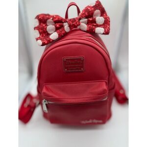 Disney Parks Loungefly Minnie Mouse Red Mini Backpack Sequined Bow AUTOGRAPHED